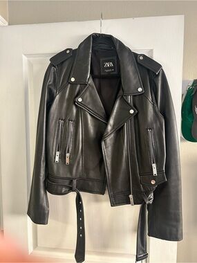 Zara 100% leather moto biker jacket